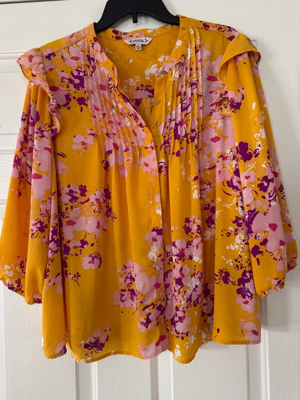 Nanette Lepore Mustard Yellow Floral Print Blouse with Pink & Purple Accents XL